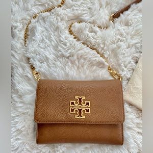 Authentic Tory Burch cognac & gold chained crossbody bag with dust bag W…